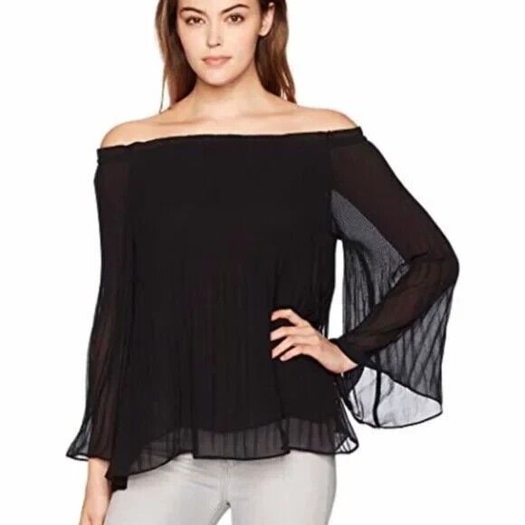 Max Studio Black Off Shoulder Pleated Sheer Top Blouse Size Xl